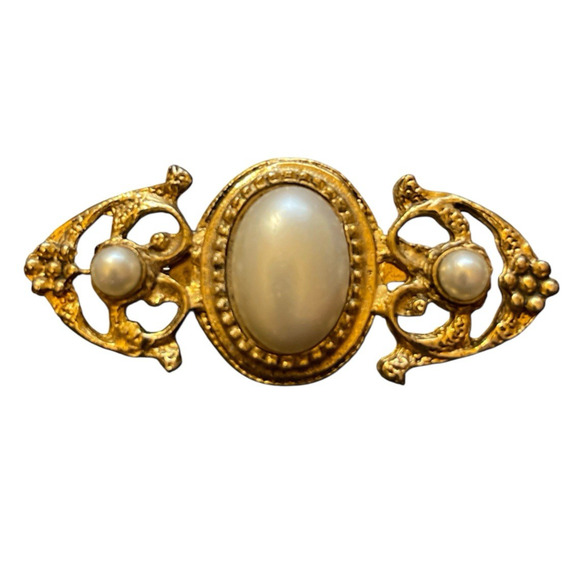 Faux Pearl Collar Lapel Shawl Brooch Pin Gold Tone Victorian Style Jewelry - Picture 2 of 8